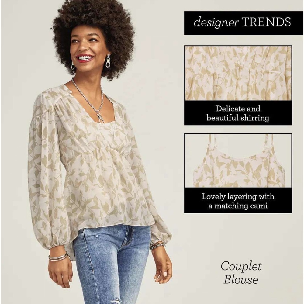 CAbi Cream and Light Olive Leaf Print Couplet Blouse